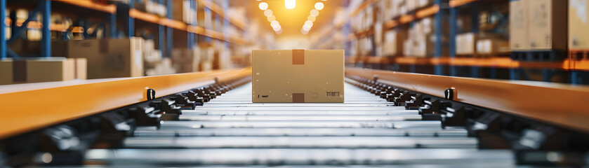 Fototapeta premium Cardboard boxes on a conveyor belt inside a modern logistics warehouse, supply chain background