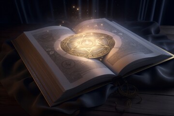 Ancient, leather-bound spell book adorned with mystical symbols and illuminated pages. Glowing magical energy swirls around the artifacts and amulets