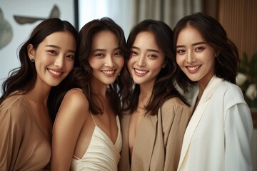 Fototapeta premium Four women are smiling for the camera, posing for a photo
