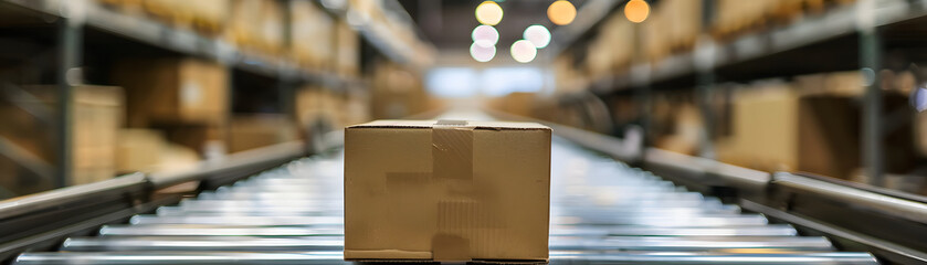 Cardboard boxes on a conveyor belt inside a modern logistics warehouse, supply chain background