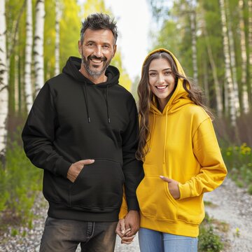 A man and woman are smiling for the camera in a forest