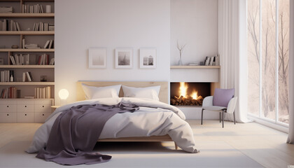 Cozy bedroom interior with fireplace, bookshelves, and large windows. 3d rendering