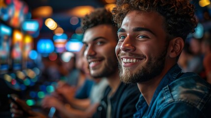 Fototapeta premium Three men are sitting on a couch, smiling and holding video game controllers