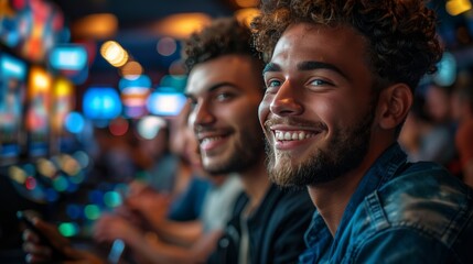 Three men are sitting on a couch, smiling and holding video game controllers