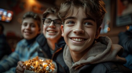 A boy is smiling and holding a bowl of popcorn