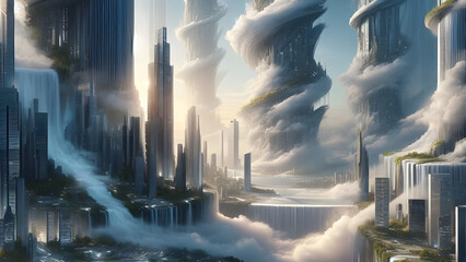 Ethereal Urban Symphony: Massive Skyscrapers Amidst Clear Blue Waters and Setting Sun in Futuristic Utopia.