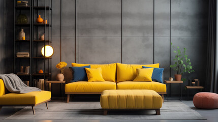 Modern living room interior with yellow sofa, blue pillows, gray concrete wall, and stylish furniture.