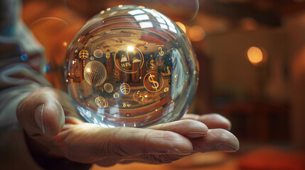 Businessman's Hand Holding Crystal Ball with Financial Symbols