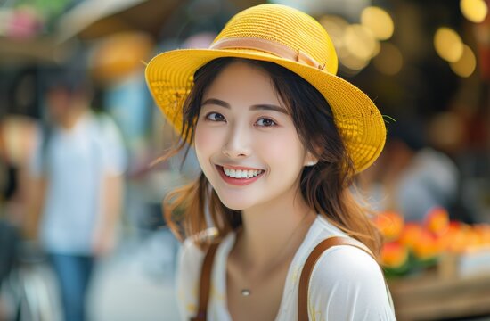 A woman wearing a yellow hat and smiling