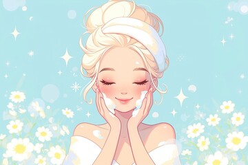 Skin care routine, woman applying cleansing and moisturizing face skincare at home