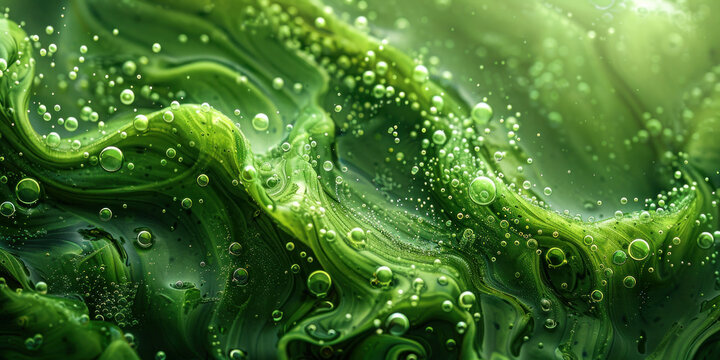 Closeup of beautiful green water droplets on the surface of the water in nature environment