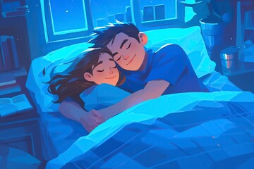 couple woman and man sleeping hugging in bed under a blanket