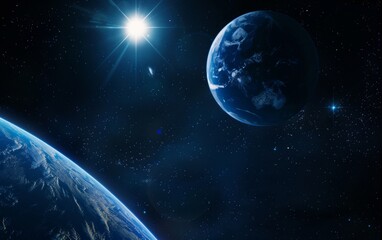 A blue planet with a star shining on it
