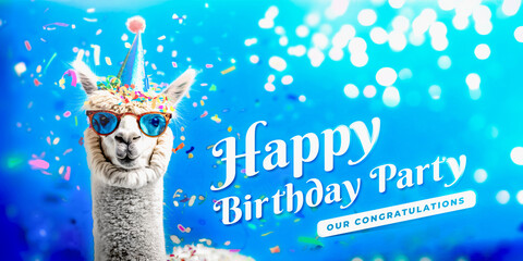 Obraz premium Alpaca on a congratulatory background with confetti