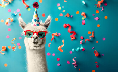 Naklejka premium Alpaca on a congratulatory background with confetti