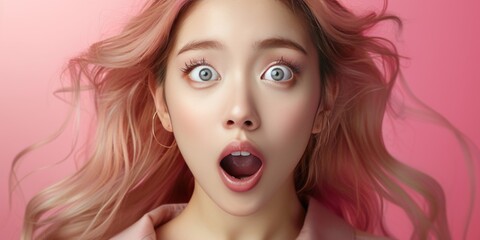 Fototapeta premium A woman with pink hair and pink lips is making a surprised face