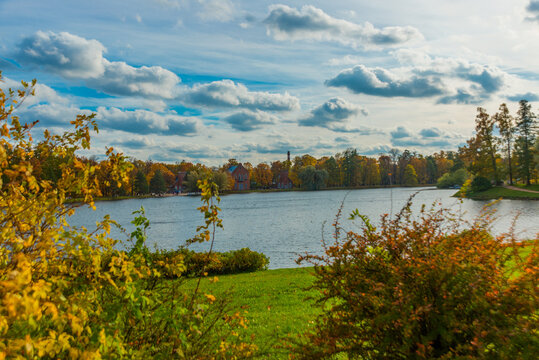 PUSHKIN, ST. PETERSBURG, RUSSIA - OCTOBER 21, 2024: View of Catherine Park and the pond in autumn