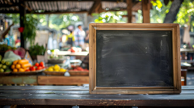 Busy street food market with an empty chalk board for text, chalk board customy style, background
