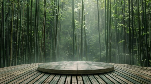 3D Rendered Bamboo Podium in Peaceful Forest Ambiance