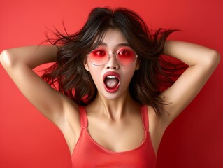 Obraz premium A woman wearing red sunglasses and a red top is smiling and laughing