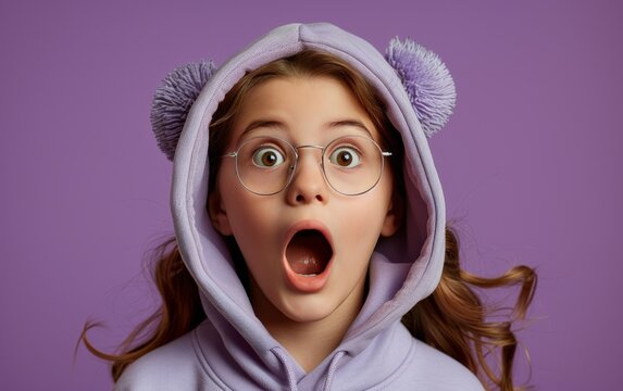 A girl wearing a purple hoodie and glasses with her mouth wide open