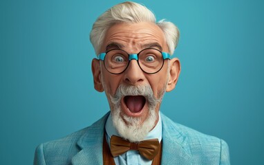 A man with a beard and glasses is wearing a blue suit and a bow tie