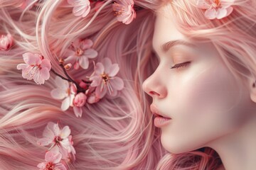 Detailed close-up of a woman with vibrant pink hair surrounded by delicate cherry blossom.