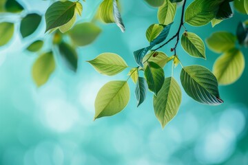 Fresh Green Leaves on a Soft Blue Background
