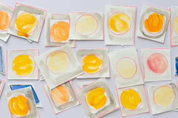 background composed of layered paper tiles each with round shape