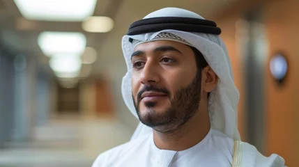  Happy Emirati Arab at office wearing Kandura looking at front ideal for Middle East business concept © PaulShlykov