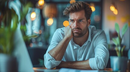 Contemplative Businessman Analyzing Problems at Desk in Office