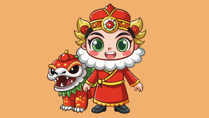 hand-drawn-Chinese-lion-dance-with-Chinese-girl vector illustration