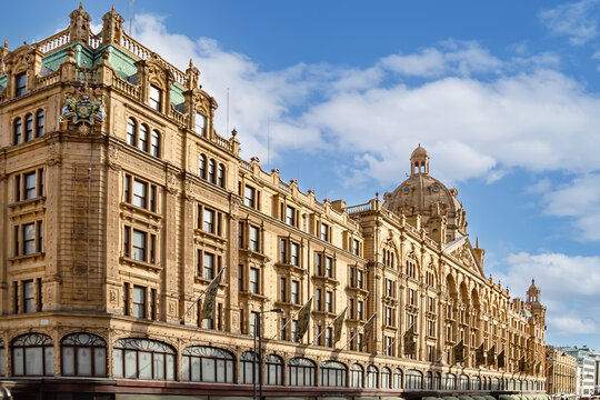 View of famous department store Harrods (80,000 sq m) in London. First Harrods was opened at 1849 and now it is one of the most famous luxury stores in London. LONDON, UK. MAY 26, 2019.