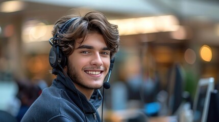 Cheerful Call Center Rep: Smiling, Handsome, and Friendly Young Male Operator