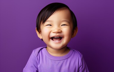 A young boy is smiling and wearing a purple shirt