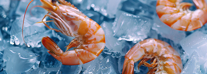 fresh shrimps in ice cubes - obrazy, fototapety, plakaty