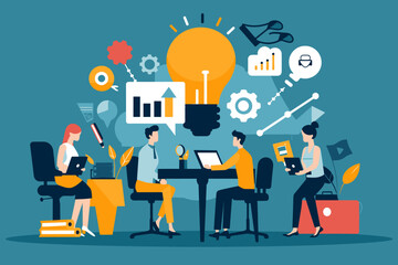 Business team brainstorming strategic plan to overcome obstacles and reach goals, SWOT analysis and competitor research for successful goal achievement, leadership planning growth tactics. - obrazy, fototapety, plakaty