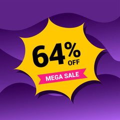 64% sale badge vector illustration on a purple gradient background. Sixty four percent price tag. Yellow and purple.