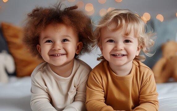 Two young children are smiling and posing for a picture