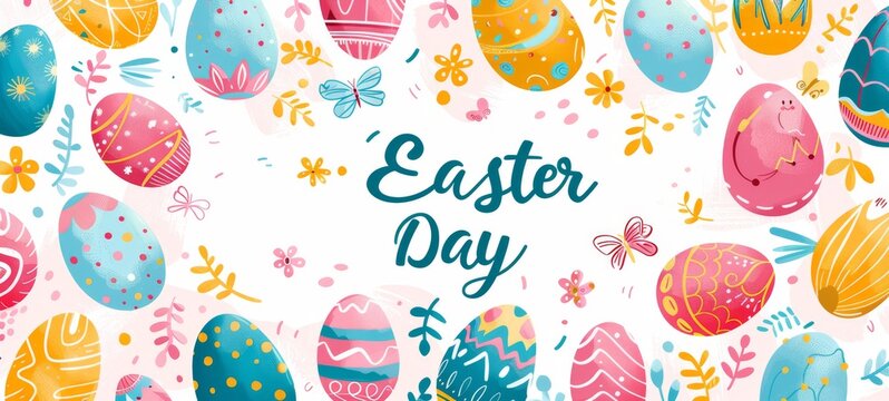 Material for greeting cards with Happy Easter day text and egg, flowers frame. Design for holiday greeting card and invitation of the happy Easter day
