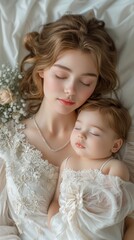 A woman is holding a baby in a white dress