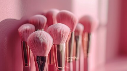 Professional Makeup Brushes on Pink Table