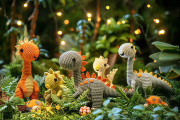 Cute, happy crochet dinosaurs in a prehistoric firefly-lit jungle
