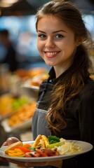 A woman wearing a black apron and smiling at the camera