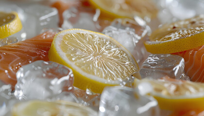 salmon steak slices and lemon in ice cubes