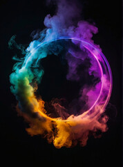 Neon circle with multicolored smoke on a black background. AI