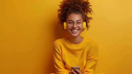 A woman in a yellow clothing is wearing headphones - Powered by Adobe
