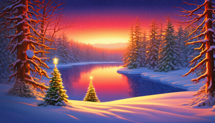 Christmas Eve Scenery with Decorated Trees and Sunset