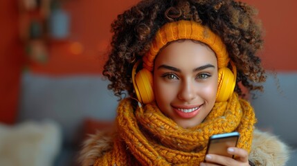 A woman with curly hair and a yellow scarf is smiling while holding a cell phone