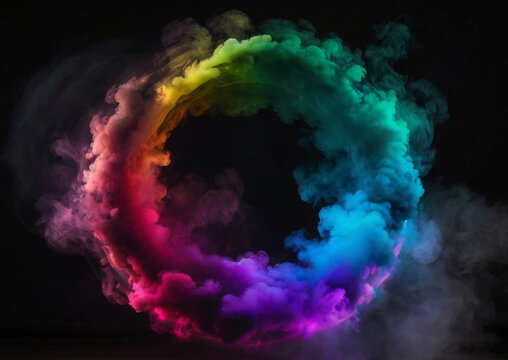 Neon circle with multicolored smoke on a black background. AI